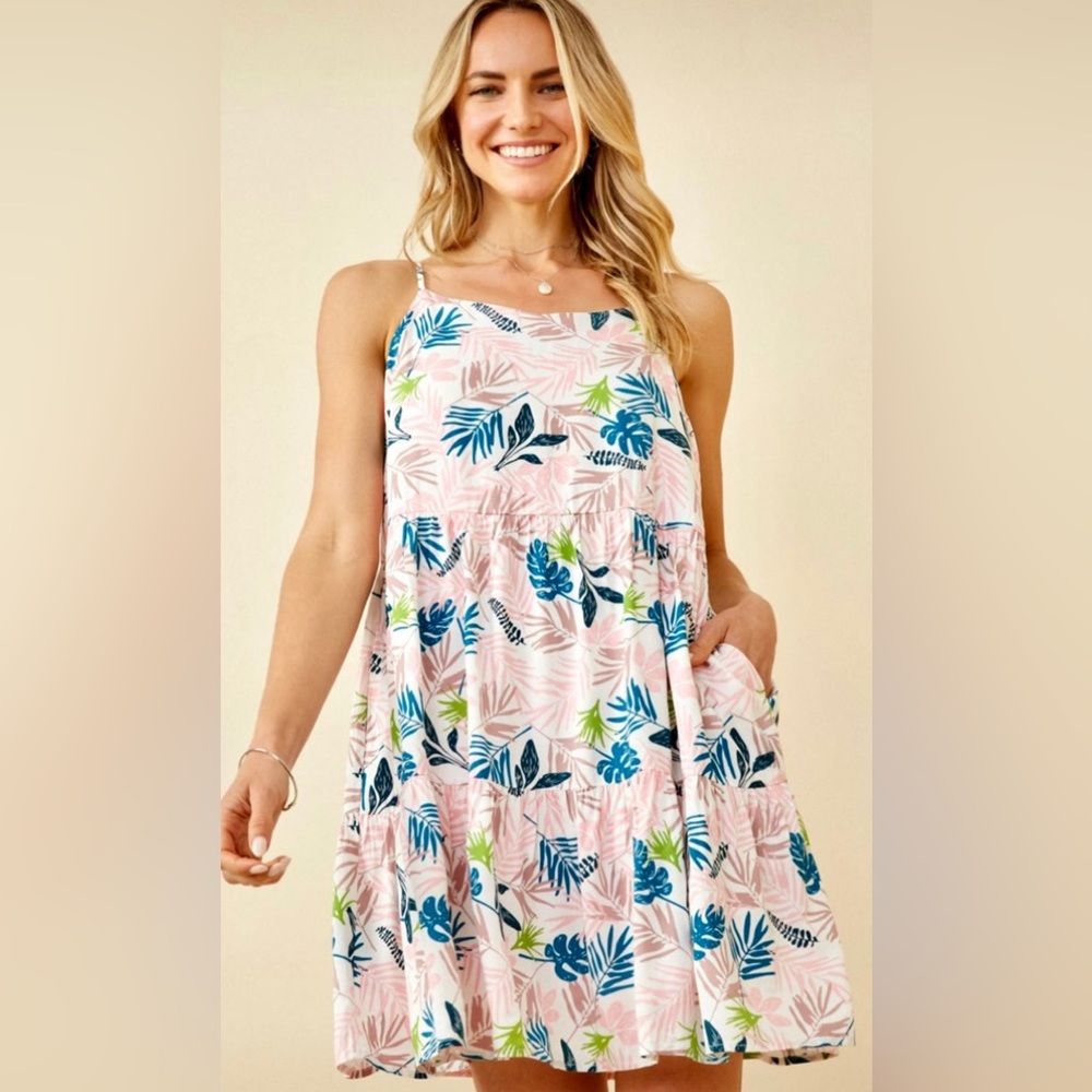 Agansa Pink Leaf Print Side Pocket Sun Dress